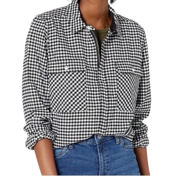 J. Crew Tops - J.CREW MERCANTILE BLACK WHITE GINGHAM FLANNEL HALF ZIP 100% Cotton Sz Small